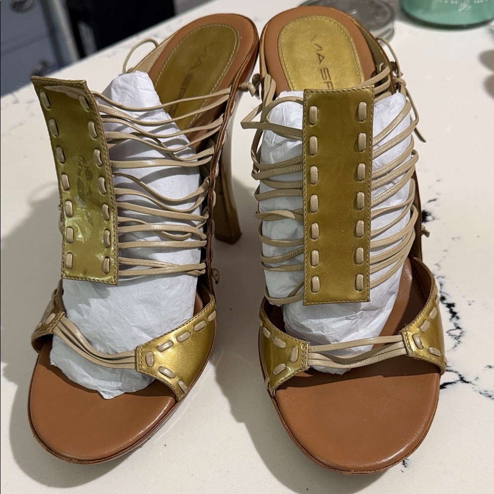 Via Spiga Gold and Tan Strappy High Heel Sandals